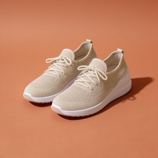 NuraWear Women's Knit Sock Sneakers - Beige, front view